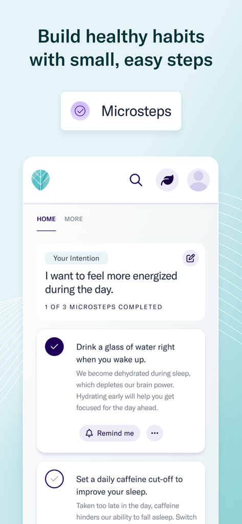 Interface of the Thrive Global app showing daily Microsteps for building healthy habits