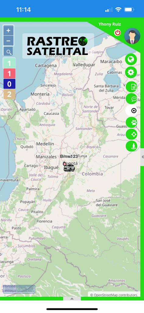 Localizador Uno - Interfaccia dell'app Localizador Uno che mostra una mappa di localizzazione satellitare in tempo reale con un veicolo situato in Colombia