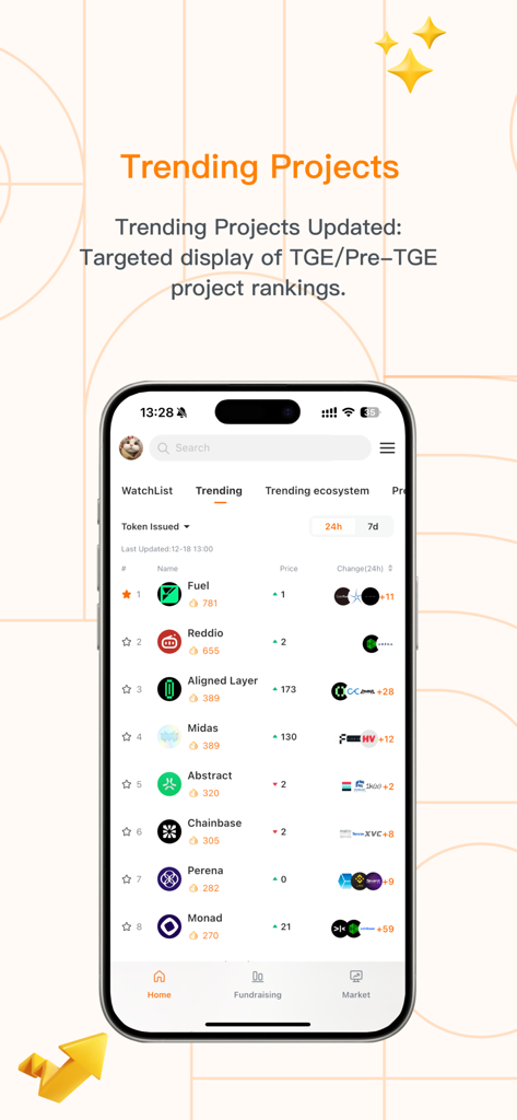 RootData - Top Crypto Database - RootData mobile app displaying trending crypto projects and TGE rankings