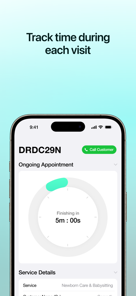 DarLink - Smartphone screen displaying the DarLink app ongoing appointment timer for healthcare professionals