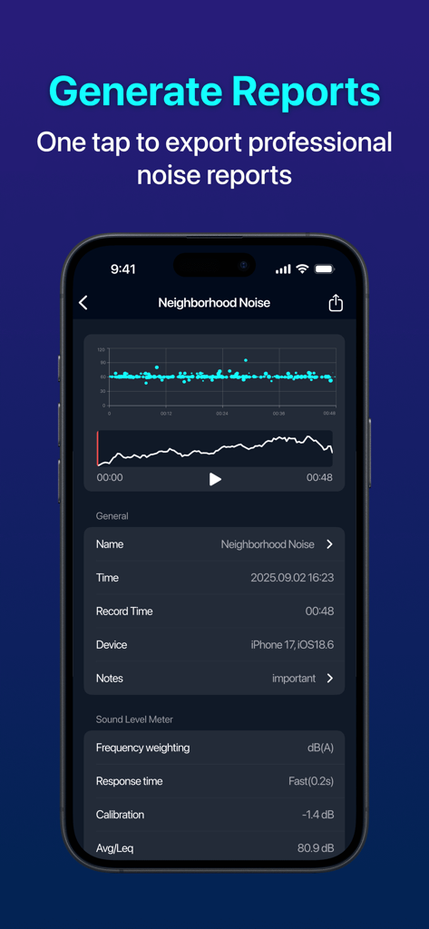 Decibel: dB Sound Meter - A screenshot of the Decibel app showing a professional noise report for neighborhood noise with detailed sound level graphs and technical specifications.
