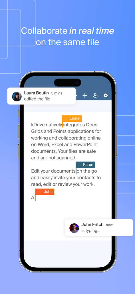 Infomaniak kDrive mobile app showing real time document collaboration with multiple users