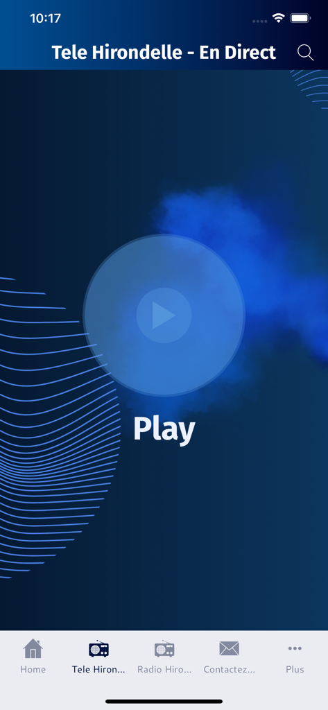 Radio Tele Hirondelle - Interface of the Radio Tele Hirondelle app showing the live television stream screen with a large play button