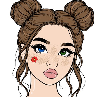 realistic girl with two buns on her hair and lips