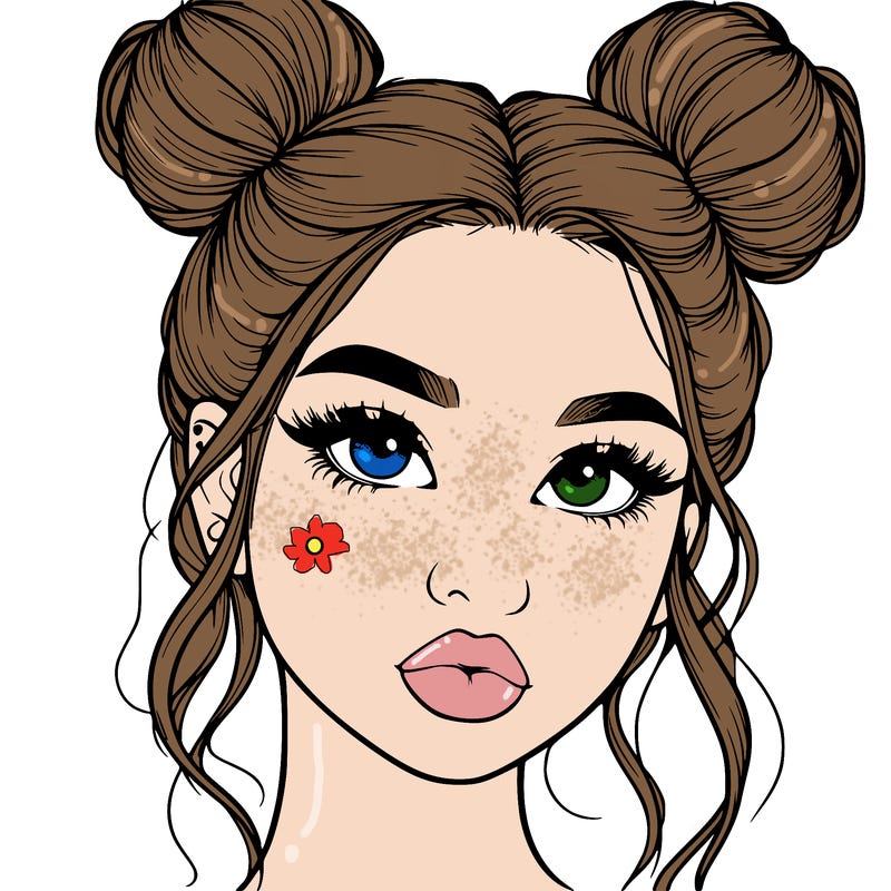 realistic girl with two buns on her hair and lips