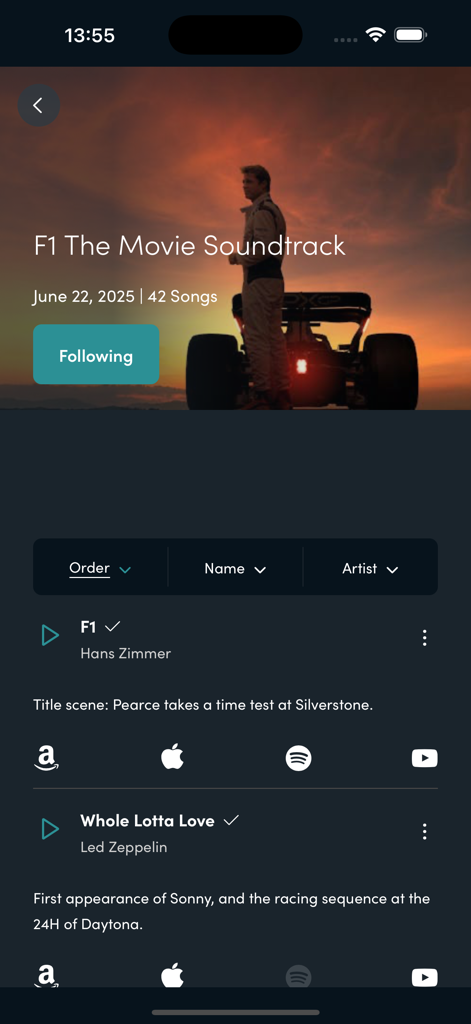 Tunefind - Eine Soundtrack-Seite für einen Film in der Tunefind-App mit einer Liste von Songs mit spezifischen Szenenbeschreibungen und Streaming-Symbolen