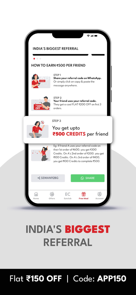 BOX8: Food Delivery App - BOX8 food delivery app referral screen showing steps to earn 500 credits by sharing with friends on WhatsApp.
