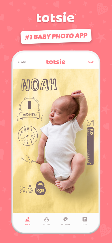 Newborn baby photo edited with age and weight milestone stickers in the Totsie app