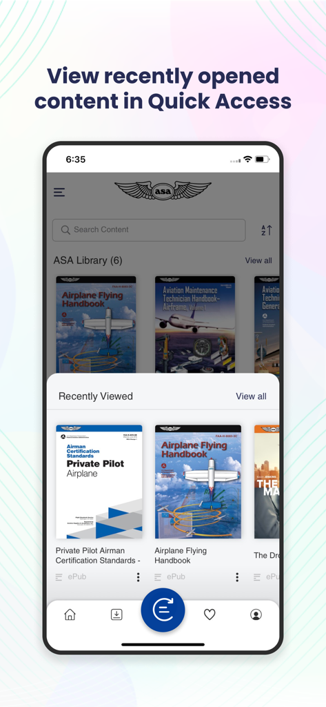 ASA Library - ASA Library mobile app interface showing recently viewed aviation training books.