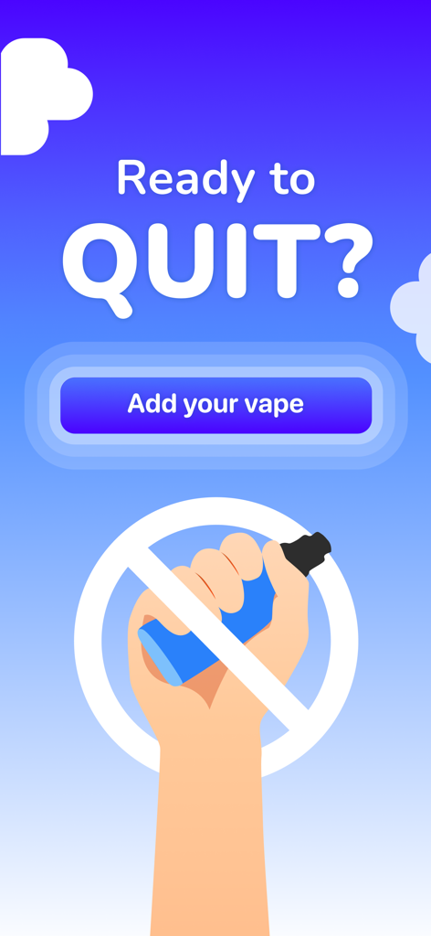 Puff Count: Quit Vaping Now - Écran d'accueil de l'application Puff Count demandant "Prêt à ARRÊTER" avec une main tenant une vapoteuse derrière un symbole d'interdiction