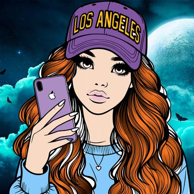 realistic beautiful girl wearing los ángeles cap holding an iphone