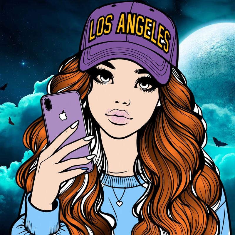 realistic beautiful girl wearing los ángeles cap holding an iphone