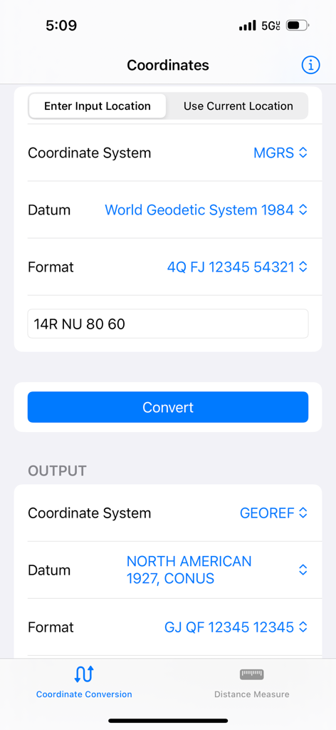 Screen from Map Tools showing conversion from MGRS WGS84 to GEOREF NAD27 coordinate systems.