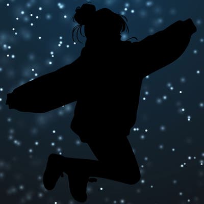 realistic girl jumping with a bun and oversized sweatshirt