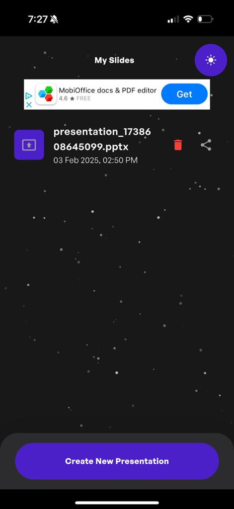 AI Presentation Generator - List of saved PPTX files in the AI Presentation Generator app screen.