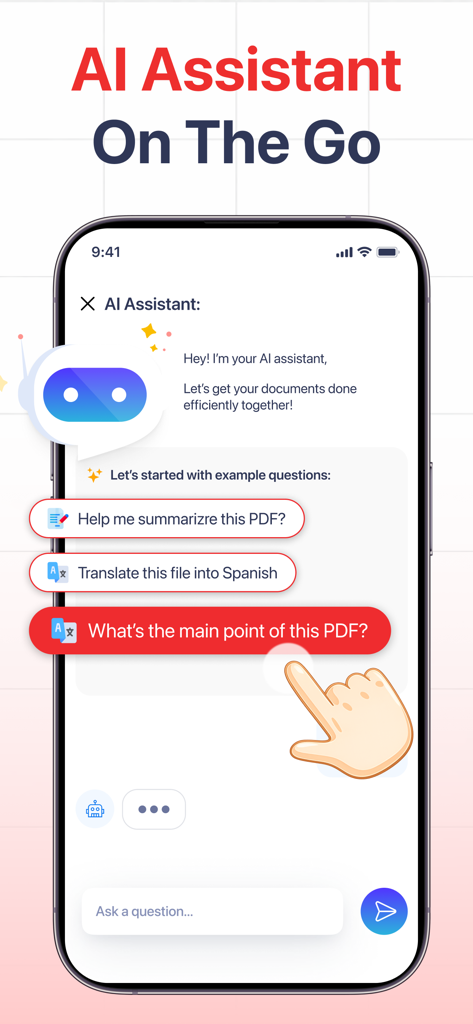 モバイルデバイスでドキュメントを要約および翻訳できるAIアシスタントを示すPDF AIアプリのインターフェース。