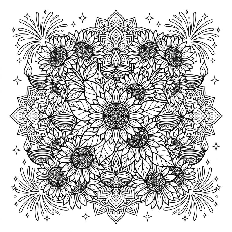 Immerse yourself in the festive spirit of Diwali with this stunning coloring page, blending the beauty of cut sunflowers with traditional celebratory elements. Discover a rich, symmetrical design filled with diyas, fireworks, and floral patterns, ready for your creative touch.