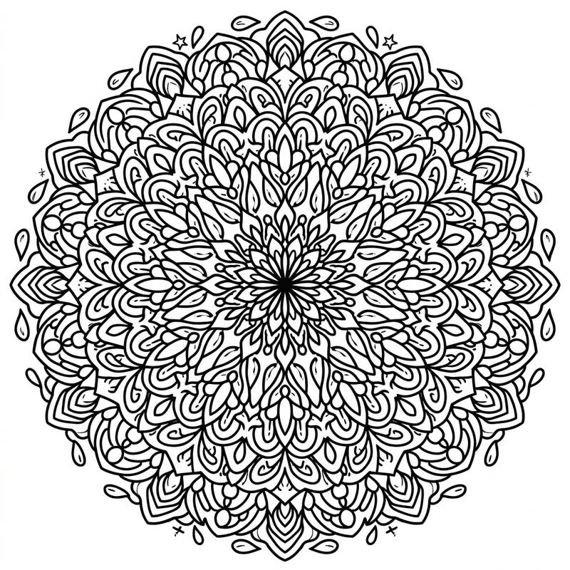 Dive into a world of intricate beauty with this stunning drizzle mandala coloring page designed for adults. Its complex, radial patterns are perfect for a relaxing and meditative coloring session.