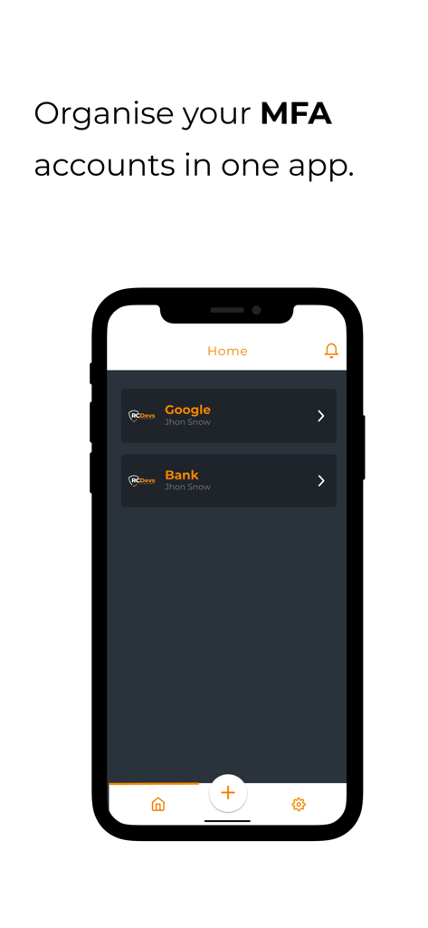 OpenOTP Token - The OpenOTP Token app interface showing a list of organized multi-factor authentication accounts including Google and Bank.
