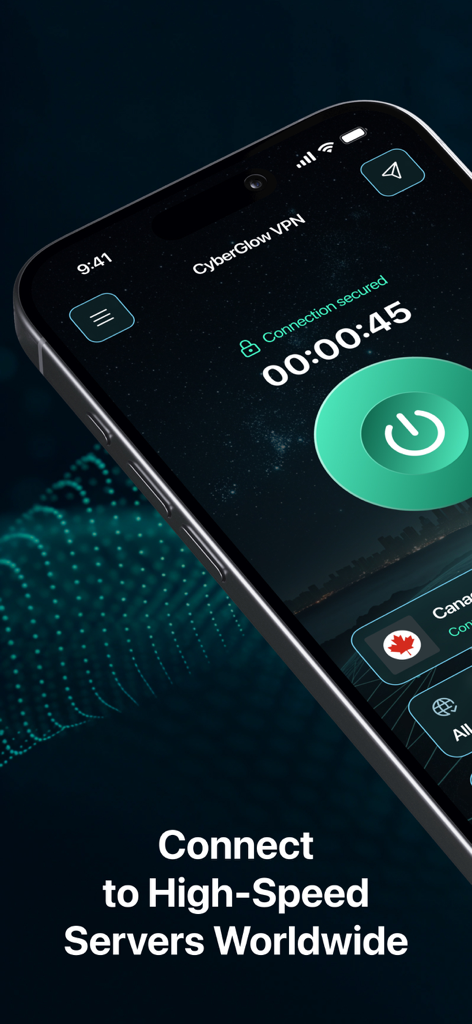 CyberGlow VPN - AI Secure Tool - CyberGlow VPN mobile app interface displaying a secured connection and worldwide server access.