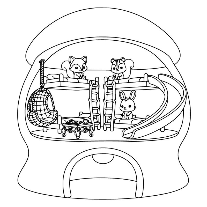 very adorable collectible house with little animals inside with bunk beds, a desk a hanging chair a slide and latter to the beds and very cute