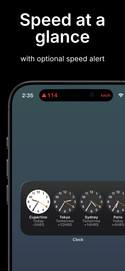 Speedra: GPS Speedometer - La Dynamic Island del iPhone mostrando la velocidad actual y una alerta de la aplicación Speedra