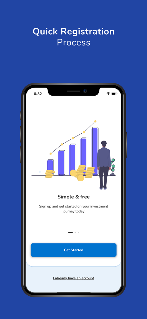 SBIMF InvestEasy - Écran d'accueil de SBIMF InvestEasy proposant un processus d'inscription rapide et un graphique à barres montrant la croissance des investissements.