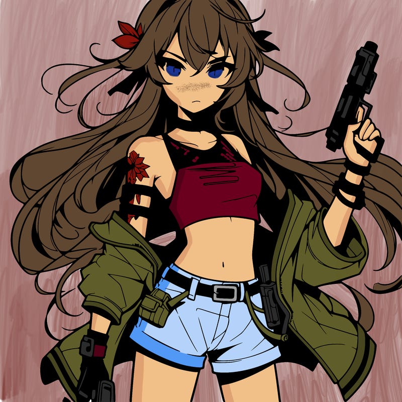 bad girl wearing crop top holding a gun long hair anime