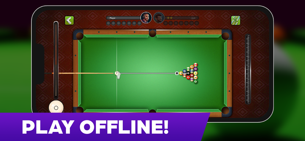 Mobile billiards game interface showing a pool table with the text play offline