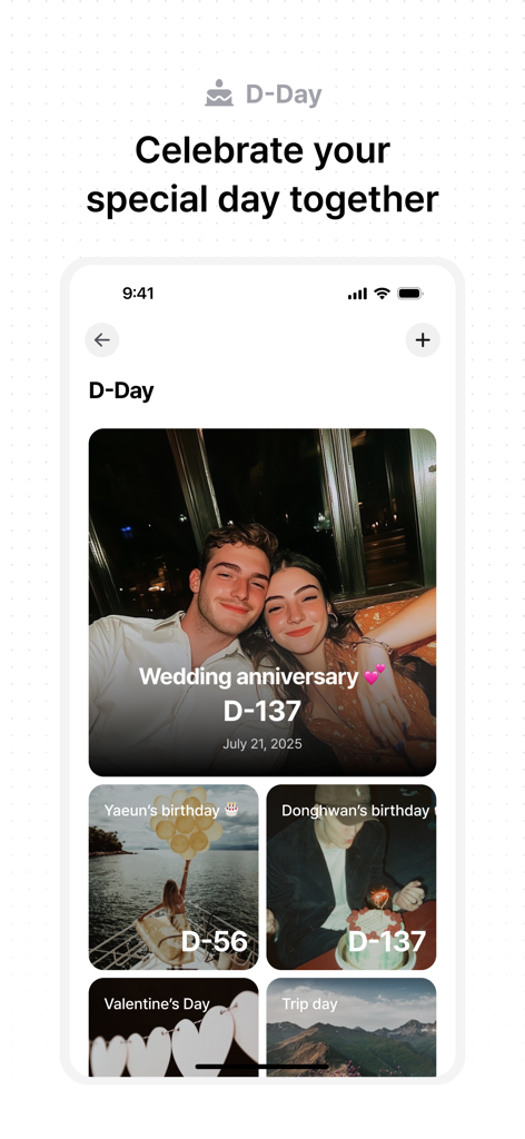 Lubble: Couple Calendar&To-do - Lubble app screen showing a shared countdown for a wedding anniversary and birthdays