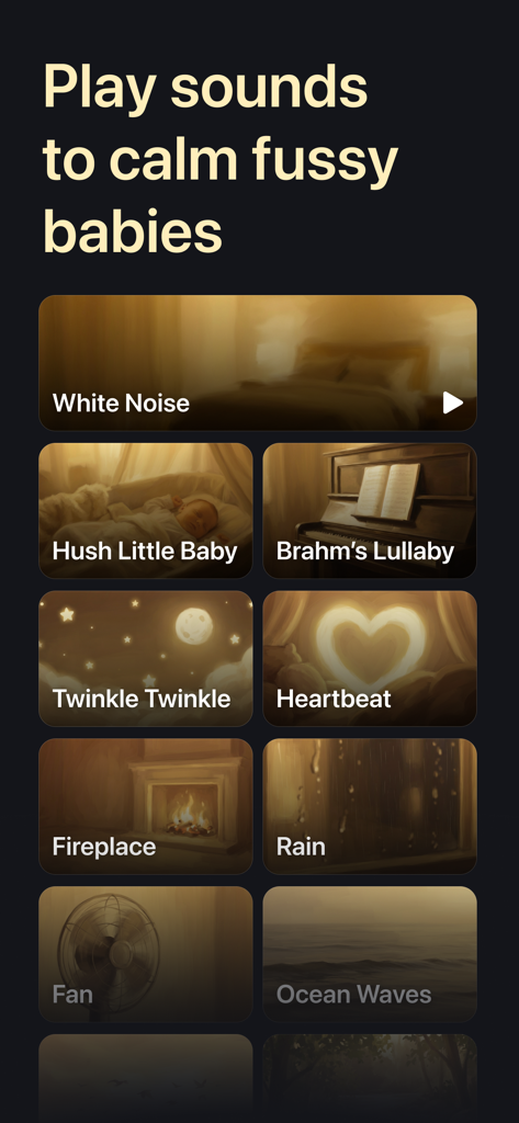 Baby Night Light - Nala - Una variedad de sonidos relajantes para dormir para bebés que incluyen canciones de cuna, ruido blanco y sonidos de chimenea.