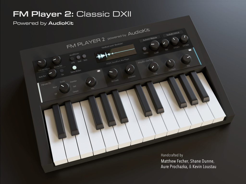 AudioKit FM Player 2: DX Synth - Interface do aplicativo AudioKit FM Player 2 projetada como um sintetizador de hardware clássico com teclado e botões de controle