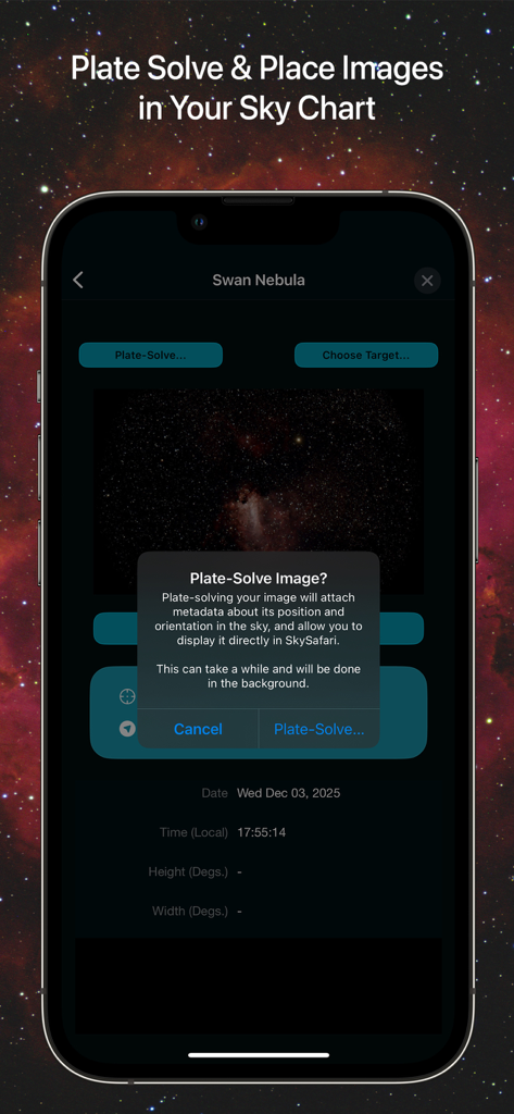 SkySafari 8 Pro - Interface of SkySafari 8 Pro showing the plate-solving feature for the Swan Nebula on a smartphone