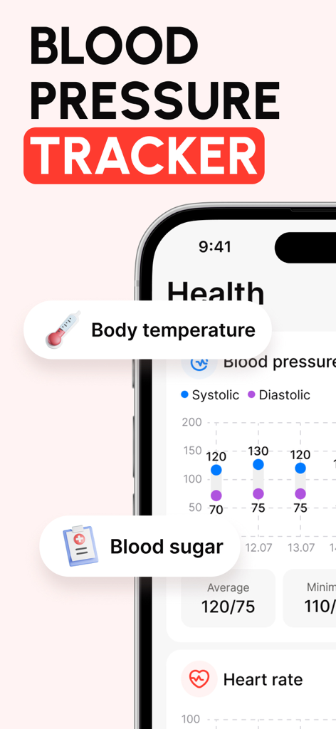 Blood Pressure. Health Monitor - Interface of the Blood Pressure Tracker app showing health monitoring features and charts for blood pressure, sugar, and heart rate.