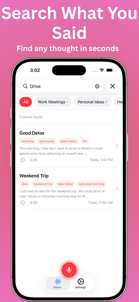 Recollect - AI Voice Notes - A mobile phone screen showing the search functionality of the Recollect app where users can find specific keywords within their voice note transcriptions
