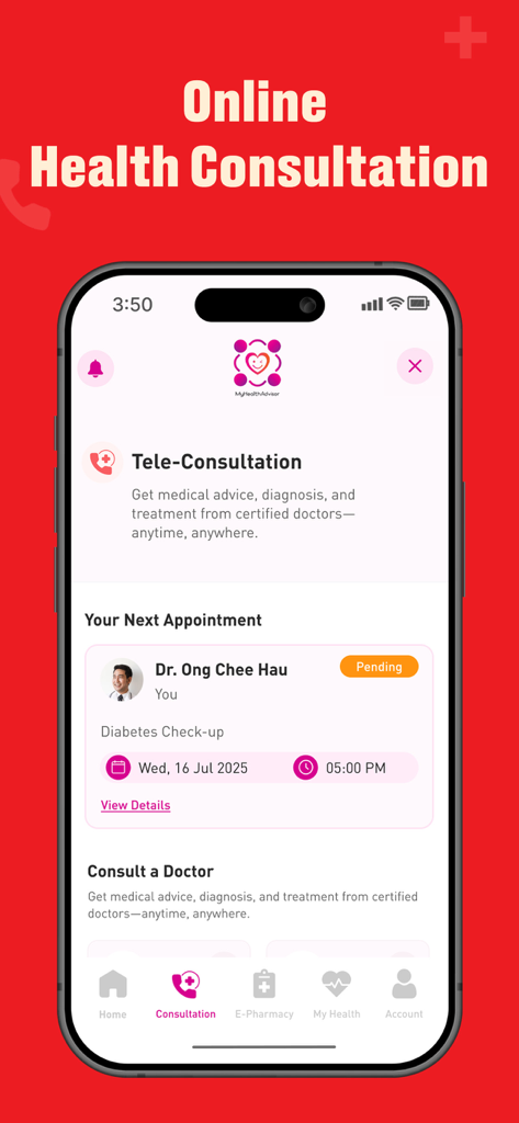 BIG Pharmacy - Online health consultation screen on the BIG Pharmacy mobile app showing tele-consultation options and appointment details