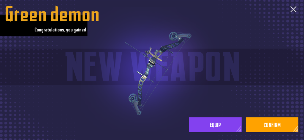 A screen from Ninja's Creed 2 Shadows showing the unlocked Green Demon compound bow weapon