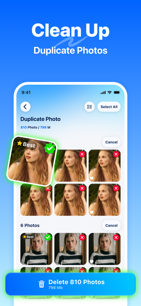 Schermata dell'app Privio che mostra la selezione di foto duplicate per la pulizia dello spazio di archiviazione