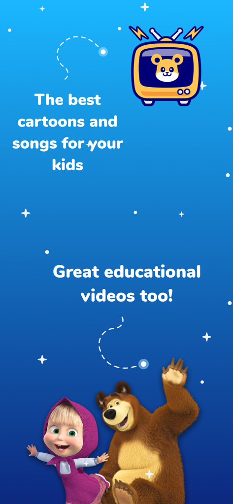 Kidjo TV app promotional screen featuring Masha and the Bear with text about the best cartoons and educational videos for children.