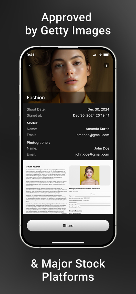 SnapSign app interface showing a model release form for a fashion shoot approved by Getty Images.