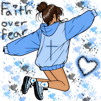 realistic girl jumping with a bun and oversized sweatshirt