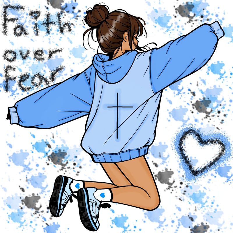 realistic girl jumping with a bun and oversized sweatshirt