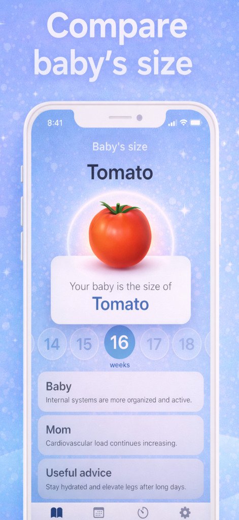 Pregnancy Tracker | Day by Day - Pregnancy Tracker app screen showing baby size comparison to a tomato at week 16 with prenatal health tips for mom and baby