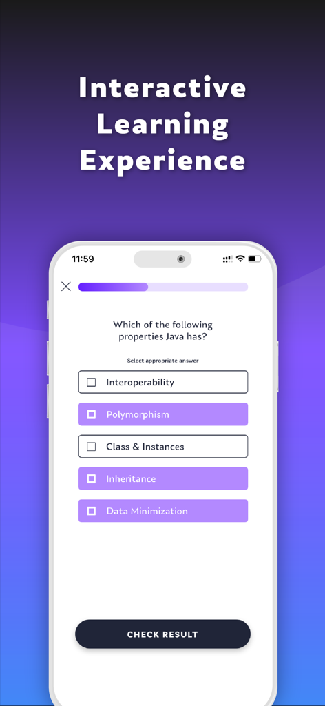 Interactive programming quiz about Java properties on the Coding X mobile app interface.