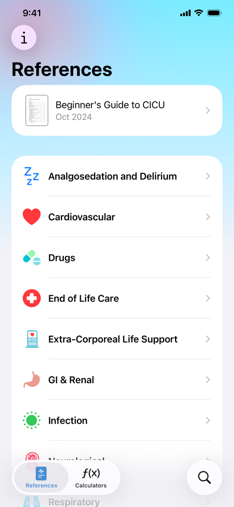CICU Genie - Interface do aplicativo CICU Genie mostrando uma lista de categorias de referência médica, como cardiovascular, medicamentos e cuidados respiratórios.