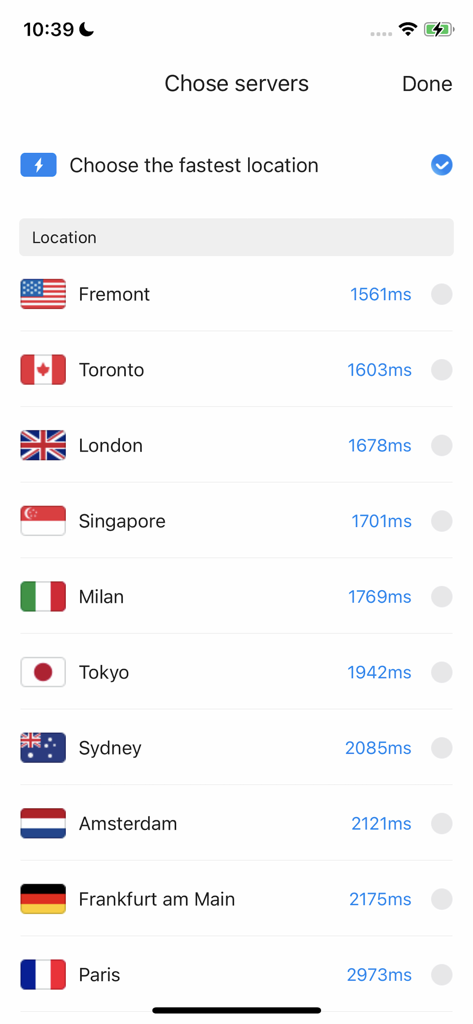TOP VPN - Easy Fast Secure - Una lista de ubicaciones de servidores VPN globales con la latencia de conexión mostrada en milisegundos