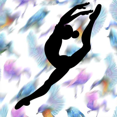 gymnast doing a leap in a leotard with a bent back leg