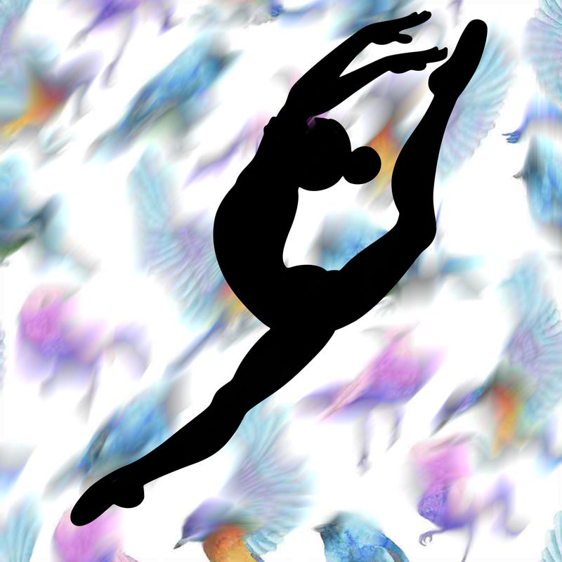 gymnast doing a leap in a leotard with a bent back leg