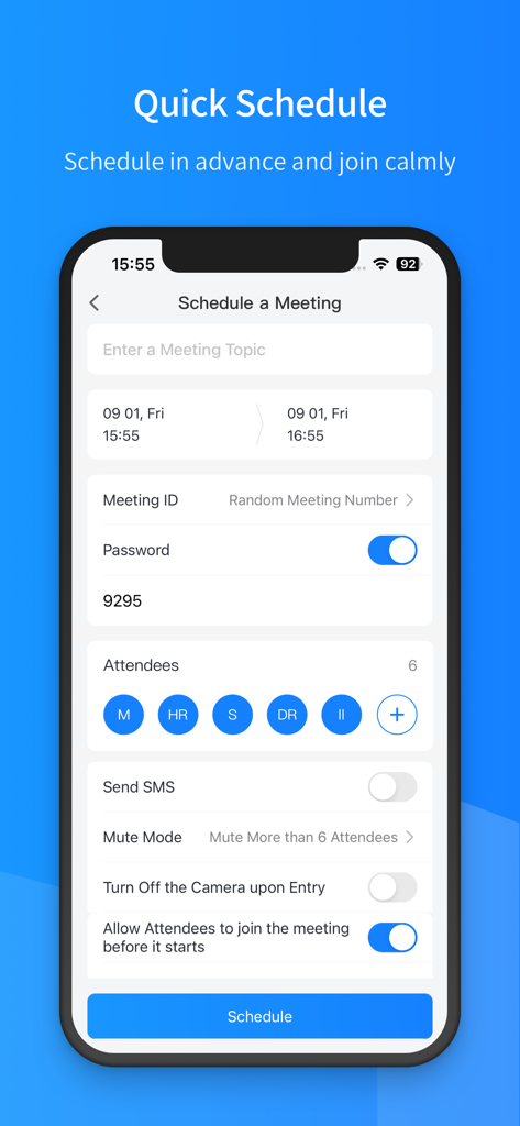 聚连会议 - Mobile Oberfläche der JuLinker-App, die den Bildschirm zum Planen eines Meetings mit Optionen für Meeting-Thema, Datum, Uhrzeit und Teilnehmerverwaltung anzeigt
