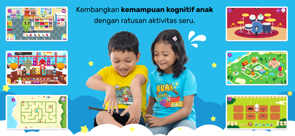 Marbel Pelajaran TK dan Paud - Dos niños jugando juegos educativos en una tableta con capturas de pantalla de diversas actividades de la aplicación.